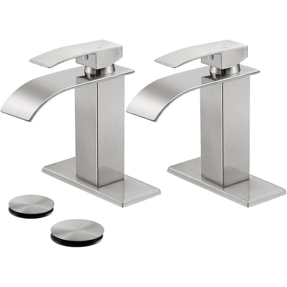 Kede Brushed Nickel Waterfall Bathroom Faucet Lavatory Single Handle 1 or 3 Hole Bathroom Sink Faucet Washbasin Faucet with Deck and Pop-up Drain(Set of 2)