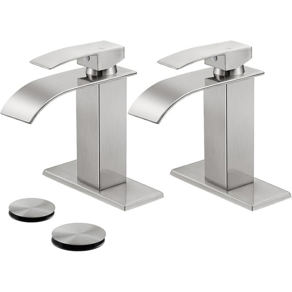 Kede Brushed Nickel Waterfall Bathroom Faucet Lavatory Single Handle 1 or 3 Hole Bathroom Sink Faucet Washbasin Faucet with Deck and Pop-up Drain(Set of 2)