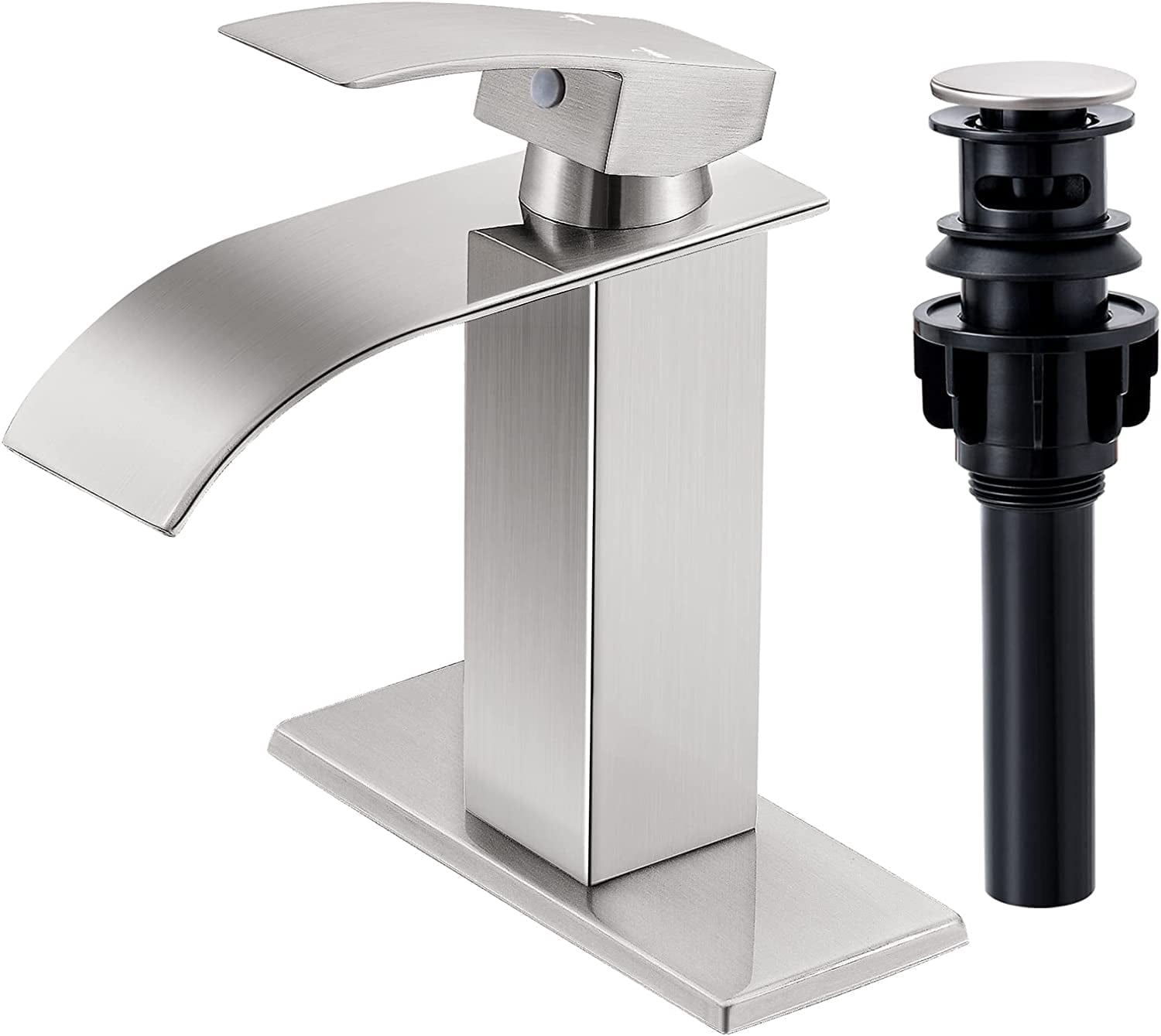 Kede Brushed Nickel Waterfall Bathroom Faucet Lavatory Single Handle 1 or 3 Hole Bathroom Sink Faucet Washbasin Faucet with Deck and Pop-up Drain