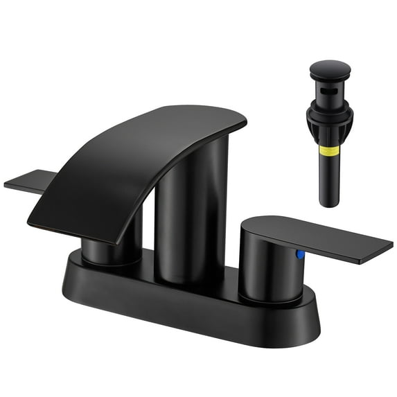 Kede Waterfall Bathroom Faucet Lavatory 2 Handle 3 Hole 4 Inch Bathroom Sink Faucet Washbasin Faucet with Deck and Pop-up Drain Black Centerset Bathroom Faucet