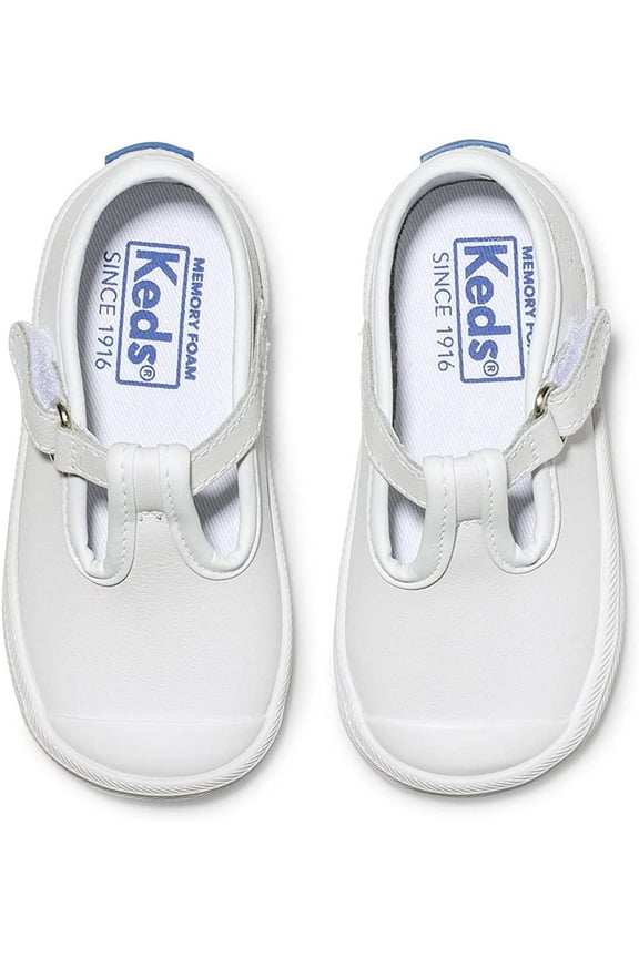 Little Girls' Shoes T-Strap Fashion Sneakers, Cap Toe White Leather, 6 M US Toddler