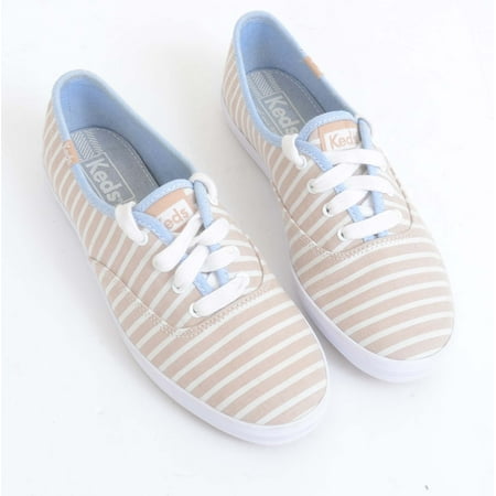 Keds Women's Champion Sneaker Tan White Stripe Blue Trim