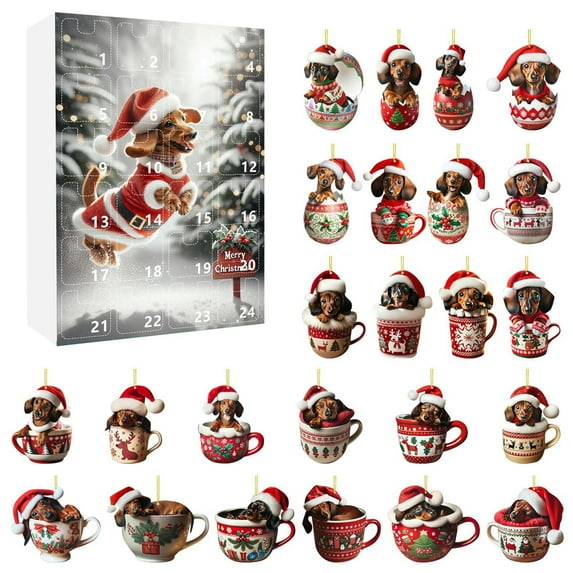 Kedshhgu 2024 Christmas Advent Calendar Christmas Animal Pendant Set Dog and Cow Pattern Ornament, 24 Days Christmas Countdown Calendar with Funny Dachshunds and Cows