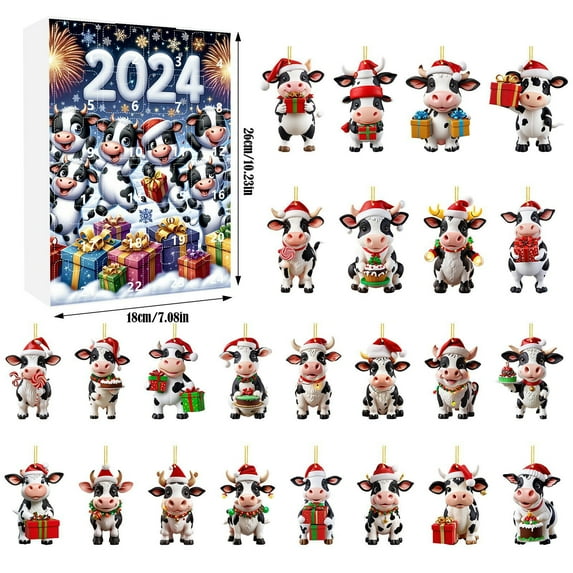 Kedshhgu 2024 Christmas Advent Calendar Christmas Animal Pendant Set Dog and Cow Pattern Ornament, 24 Days Christmas Countdown Calendar with Funny Dachshunds and Cows
