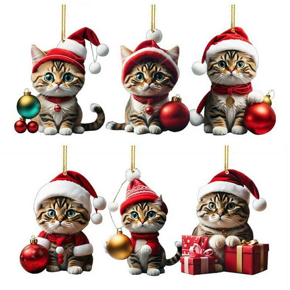 Kedshhgu 6 Pcs Cat 2D Flat Christmas Hanging Ornament, Cute Cat Lover Gift for Halloween & Holiday Decor Christmas Tree Indoors Home Decor