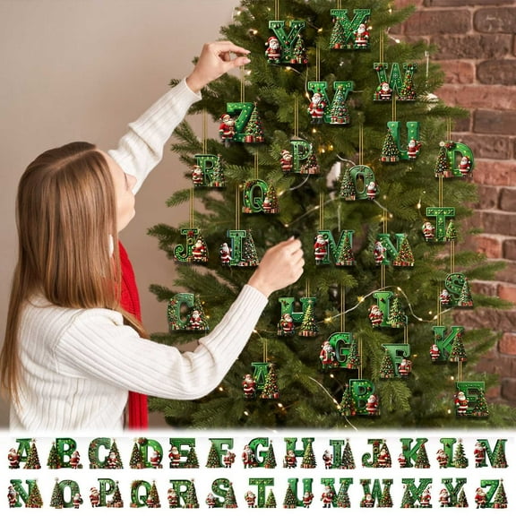 Kedshhgu Christmas Initial with Christmas Tree Santa Claus Acrylic Pendant 26 Letter Ornaments Xmas Tree Decoration, Personalized Holiday Party Decor, Green
