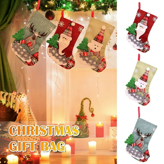 Kedshhgu Christmas Stockings Set of 3, Lovely Cute Santa Deer Bear Pattern Decorative Christmas Stockings, for Family Holiday Party Christmas Decorations