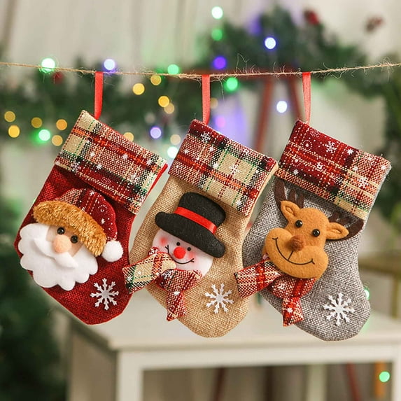 Kedshhgu Clearance Lovely Christmas Stockings Set Snowman, Reindeer, Xmas Character 3D Plush Hanging Tag Knit Border Xmas for Kids Family