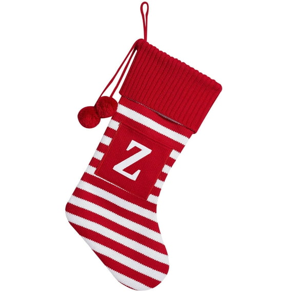 Kedshhgu Large Size Initial Monogram Embroidered Christmas Stocking, Striped Knitted Christmas Decorations Stocking Red and Green, for Family Holiday and Xmas Tree Fireplace Decor