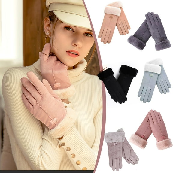Kedshhgu Winter Plush Leather Gloves for Women, Women Fleece Lined Thick Warm Gloves, Warm Elastic Gloves for Cold Weather