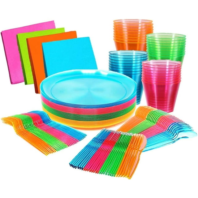 Kedudes Glow Neon Party Supplies Serves 32, Hard Plastic Disposable