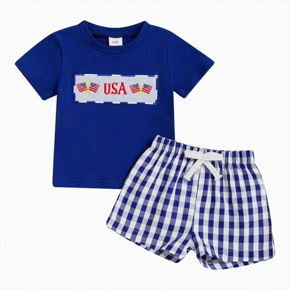 Kedxroy 4th Of July Toddler Baby Boy Outfit American Flag T Shirt Top Shorts 2Pcs Set Kids Boys Summer Patriotic Clothes(Z02-Blue,6-12 M)