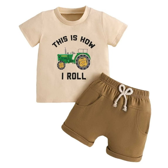 Kedxroy Baby Boy Clothes Toddler Boy Summer Outfits Short Sleeve Truck Print Top T-shirt & Pocket Pant Set 2 Piece(Beige,3-4 Years)
