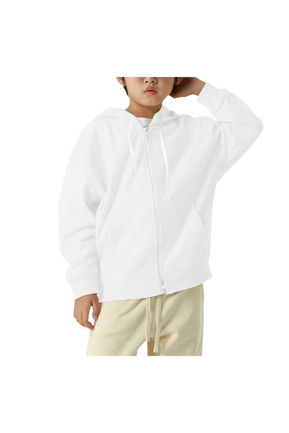 Boys Girls Solid Classic Hoodies Soft Hooded Full Zip Sweatshirts for Children White,7-8 Years