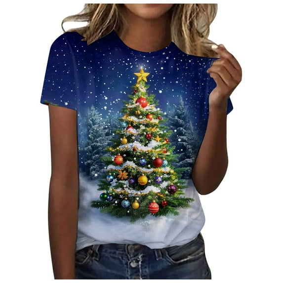 Kedxroy Christmas Shirts for Women Funny Short Sleeve Xmas Tshirt Casual Cute Holiday Graphic Tee Tops(Dark Blue,XL)