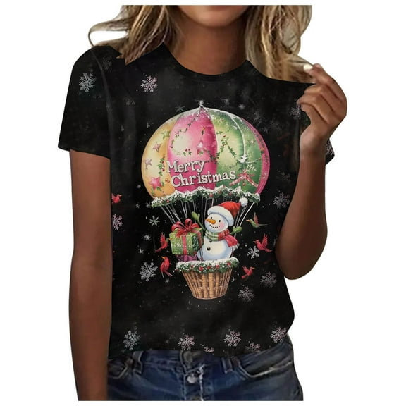 Kedxroy Christmas Shirt for Women Letter Print T Shirts Xmas Holiday Short Sleeve Pullover Tops Christmas Vacation Tee Shirts(Black,M)