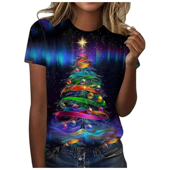 Kedxroy Christmas Shirts for Women Funny Short Sleeve Xmas Tshirt Casual Cute Holiday Graphic Tee Tops(Sky Blue,XL)