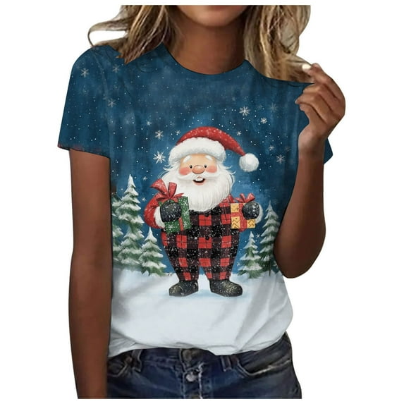 Kedxroy Christmas Shirts for Women Plaid Christmas Trees Shirt Xmas Holiday Tee Tops(Dark Blue,S)