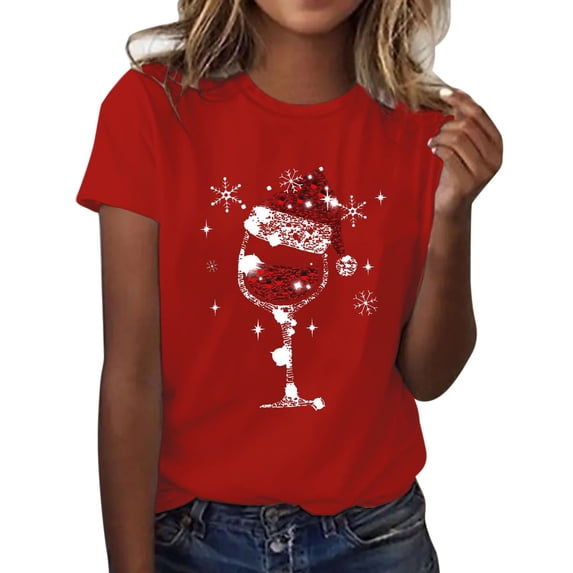 Kedxroy Christmas Shirts for Women Xmas Red Glass Shirt Top Short Sleeve Casual Graphic Print T Shirt(Red,M)