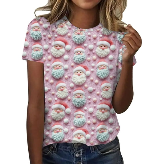 Kedxroy Christmas Tree Shirt for Women Merry Christmas Printed T-Shirts Short Sleeve Holiday Tee Xmas Gift Tops(Pink,S)