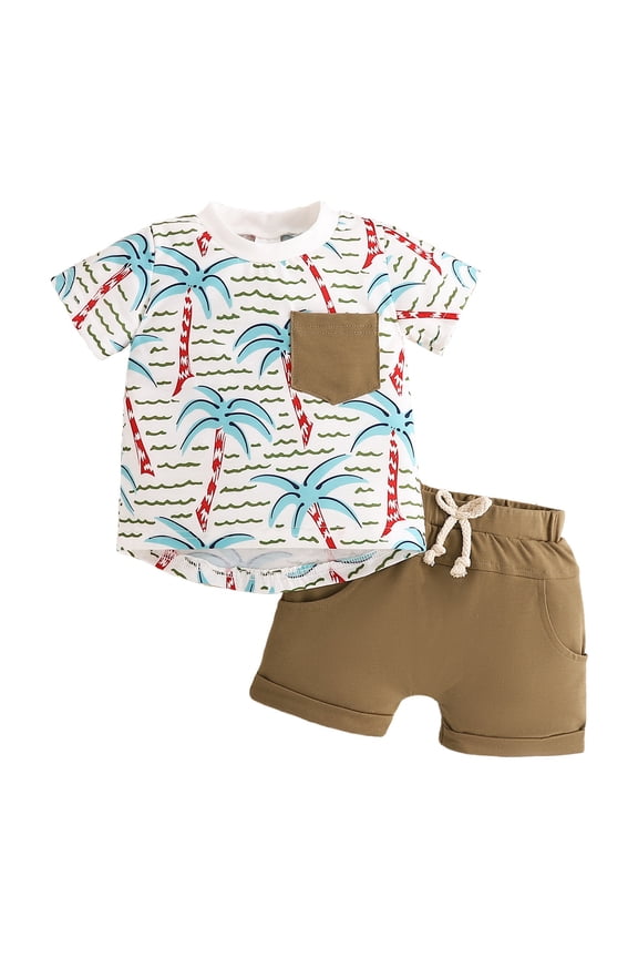 Toddler Baby Boy Summer Clothes Coconut Tree Print Short Sleeve Shirt Tops and Shorts Set Summer Outfit 2Pcs(Brown,6-12 Months)