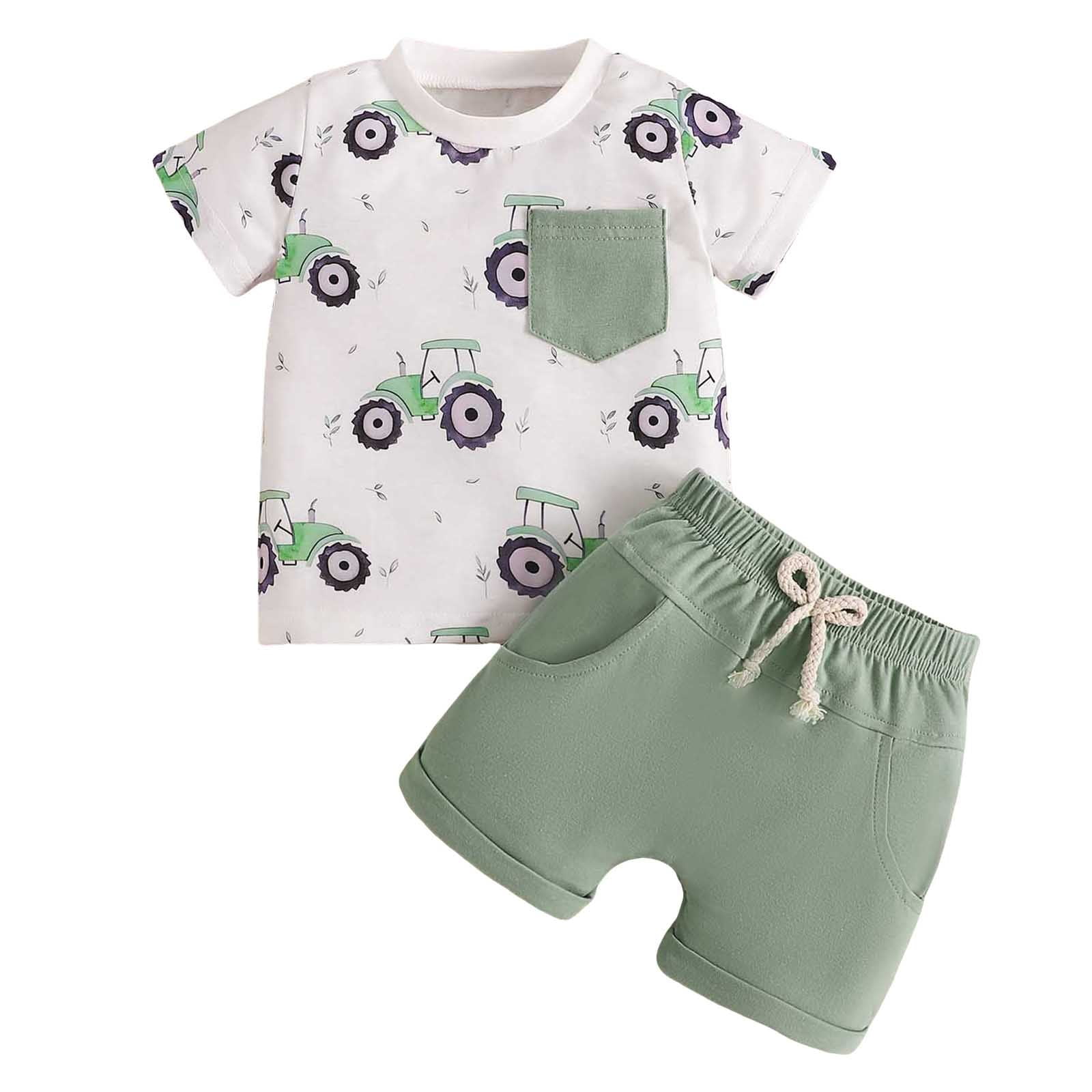 Baby Boys 2 Piece Vehicle Print Set Short Sleeve Bodysuit Shorts Outfit Soft Cotton Summer Wear