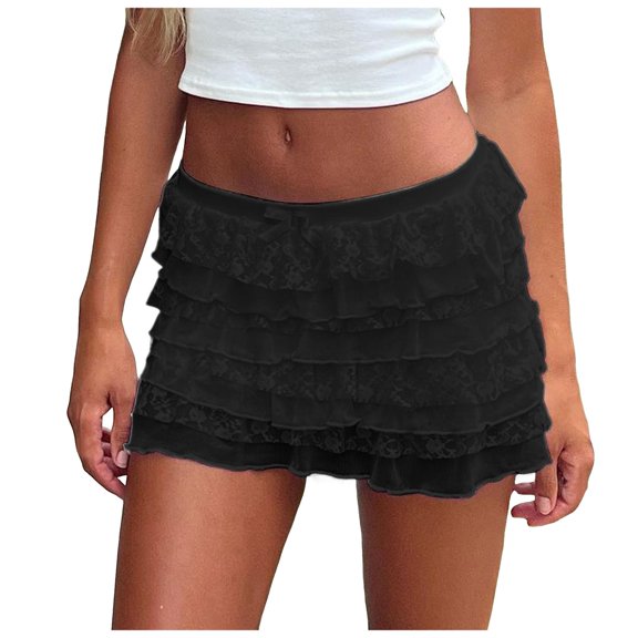 Kedxroy Women Y2k Lace Mini Skirts Ruffled Hem Layered Skirts Low Rise Mini Skirt Sheer Floral Lace Tiered Short Skirt(Black,S)