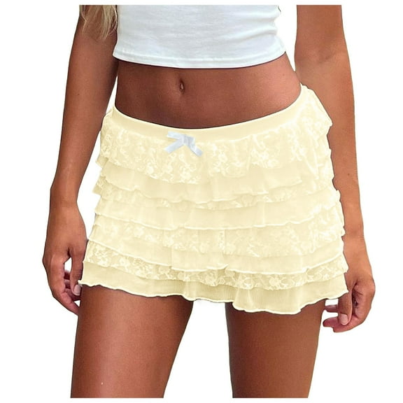 Kedxroy Women Y2k Lace Mini Skirts Ruffled Hem Layered Skirts Low Rise Mini Skirt Sheer Floral Lace Tiered Short Skirt(Yellow,M)