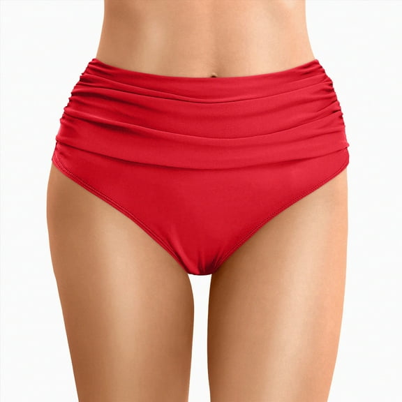 Kedxroy Women's High Waisted Swimsuit Bottom Tummy Control Ruched Bikini Bottoms Side Tie Bathing Suit Swim Bottom(Red,L)