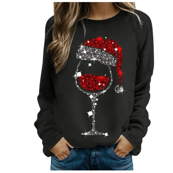 Kedxroy Womens Christmas Sweatshirt Red Glass Santa Hat Graphic Sweater Long Sleeve Xmas Gift Pullover Blouse Tops(Black,XXL)