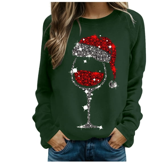Kedxroy Womens Christmas Sweatshirt Red Glass Santa Hat Graphic Sweater Long Sleeve Xmas Gift Pullover Blouse Tops(Dark Green,L)
