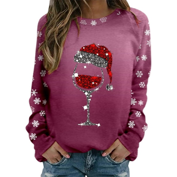 Kedxroy Womens Christmas Sweatshirt Red Glass Santa Hat Graphic Sweater Long Sleeve Xmas Gift Pullover Blouse Tops(Hot Pink,S)