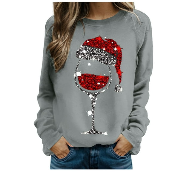 Kedxroy Womens Christmas Sweatshirt Red Wine Glass Santa Hat Graphic Sweater Long Sleeve Xmas Gift Pullover Blouse Tops(Grey,M)