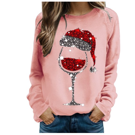 Kedxroy Womens Christmas Sweatshirt Red Wine Glass Santa Hat Graphic Sweater Long Sleeve Xmas Gift Pullover Blouse Tops(Pink,M)