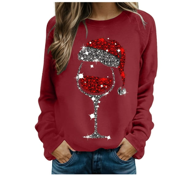 Kedxroy Womens Christmas Sweatshirt Red Glass Santa Hat Graphic Sweater Long Sleeve Xmas Gift Pullover Blouse Tops(,XL)
