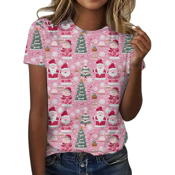 Kedxroy Womens Merry Christmas Bow Graphic Printed T-Shirt Short Sleeve Cute Holiday Graphic Tee Tops(Pink,S)