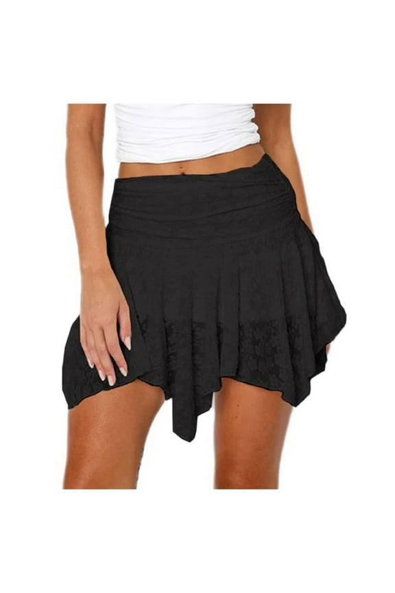 Womens Mini Skirt Y2k Fairy Asymmetrical Flowy High Waisted Trendy Pleated Sexy Festival Skorts Skirts(Black,S)