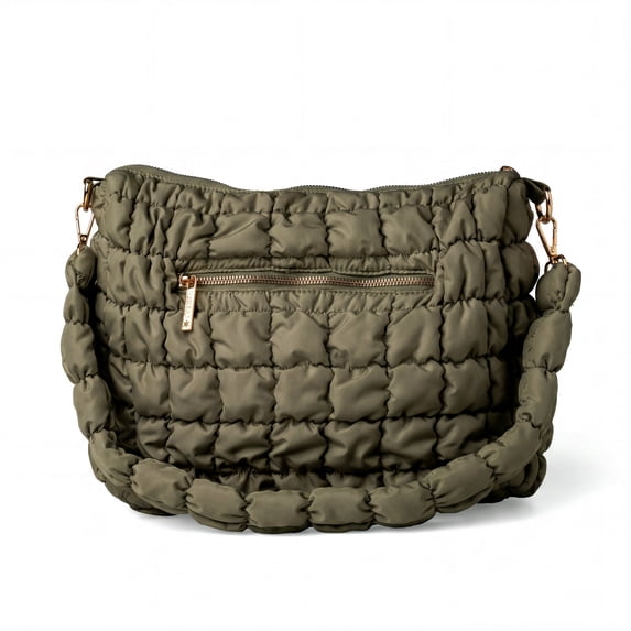 Kedzie Loft Shoulder Bag, Quilted Puffer Hobo Purse with Removable Strap, Olive