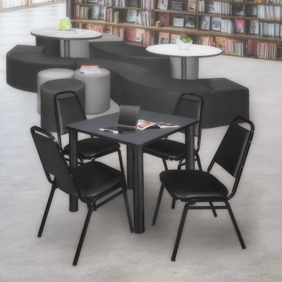 Regency Kee 30 in Square Breakroom Table- Grey Top, Black Legs, 4 Restaurant Stack Chairs