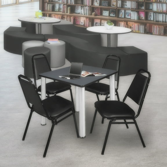Regency Kee 30 in Square Breakroom Table- Grey Top, Chrome Legs, 4 Restaurant Stack Chairs