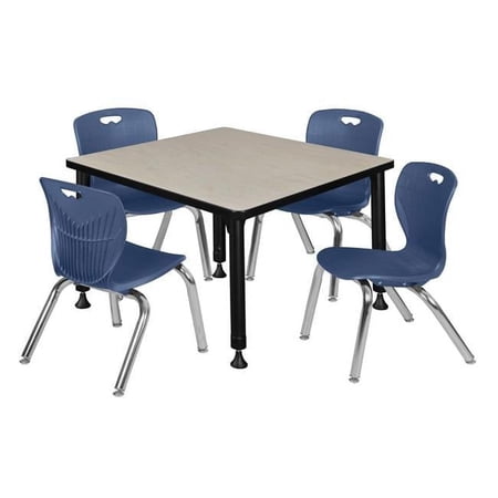 Kee 30 in. Square Maple Height Adjustable Classroom Table & 12 in. Navy Blue 4 Andy Stack Chairs