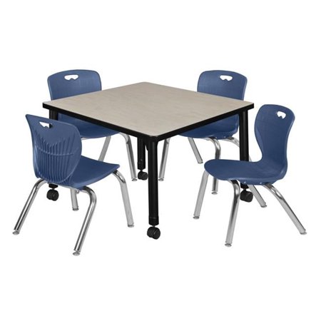 Kee 30 in. Square Maple Height Adjustable Mobile Classroom Table & 4 12 in. Navy Blue 4 Andy Stack Chairs