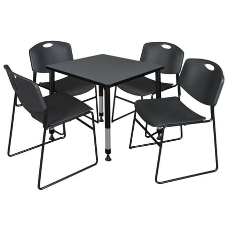 Regency Kee 30" Square Height Adjustable Classroom Table - Grey & 4 Zeng Stack Chairs- Black