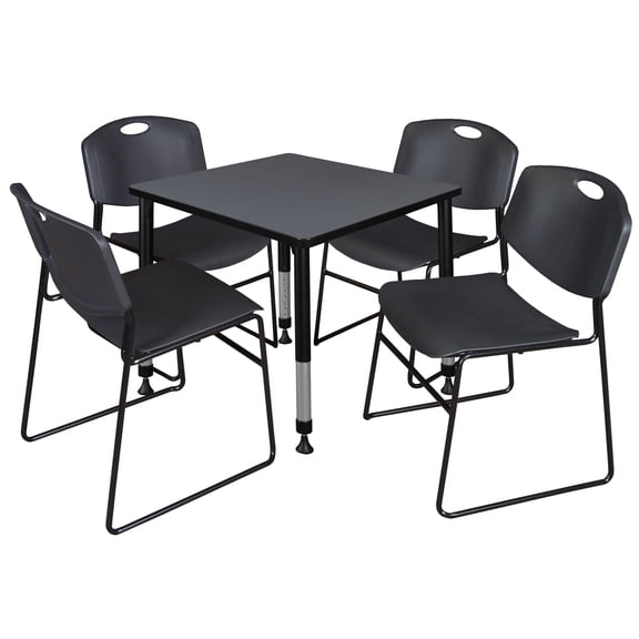 Regency Kee 30" Square Height Adjustable Classroom Table - Grey & 4 Zeng Stack Chairs- Black