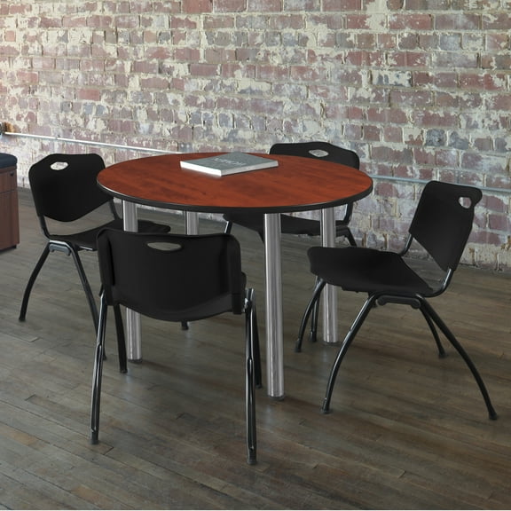 Regency Kee 36 in Round Breakroom Table- Cherry Top, Chrome Legs, 4 M Stack Chairs- Black