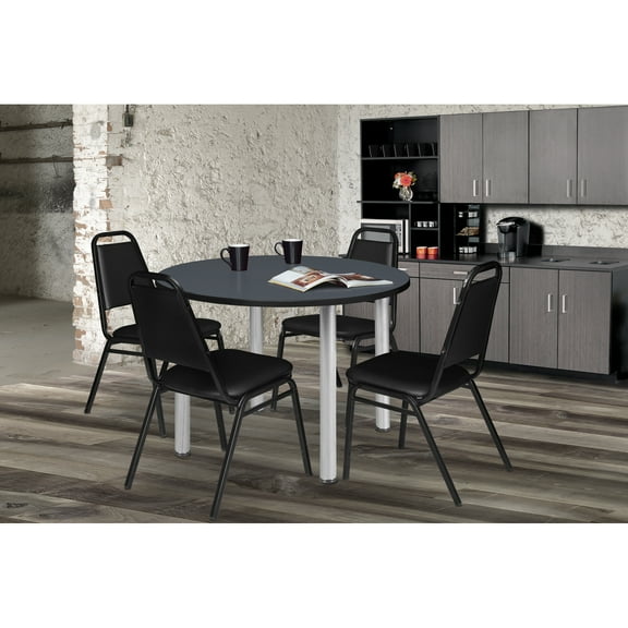 Regency Kee 36 in Round Breakroom Table- Grey Top, Chrome Legs, 4 Restaurant Stack Chairs