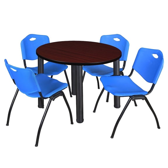 Regency 36 in Round Breakroom Table- Mahogany Top, Black Legs, 4 M Stack Chairs- Blue