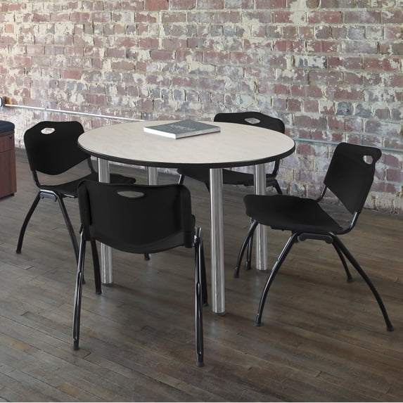 Regency Kee 36 in Round Breakroom Table- Maple Top, Chrome Legs, 4 M Stack Chairs- Black