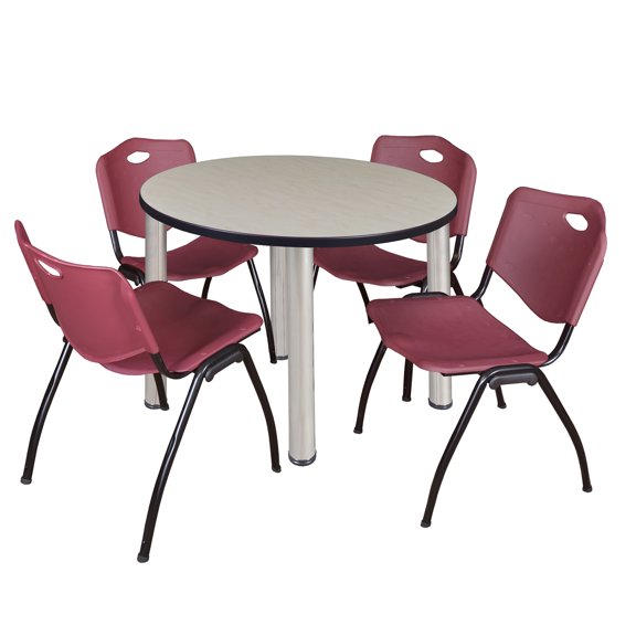 Regency Kee 36 in Round Breakroom Table- Maple Top, Chrome Legs, 4 M Stack Chairs- Burgundy