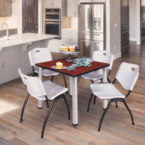 Regency Kee 36 in Square Breakroom Table- Cherry Top, Chrome Legs, 4 M Stack Chairs- Grey